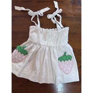 Cecil & Lou Smocked Tie Strap Polka dot top strawberry applique pockets 2T